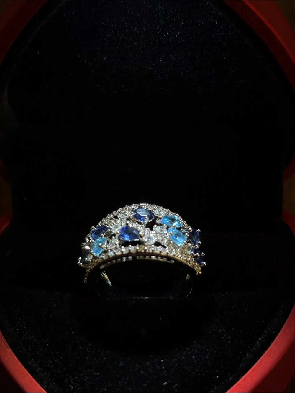 Silver Band Ring with Blue Gemstones and Clear Accents